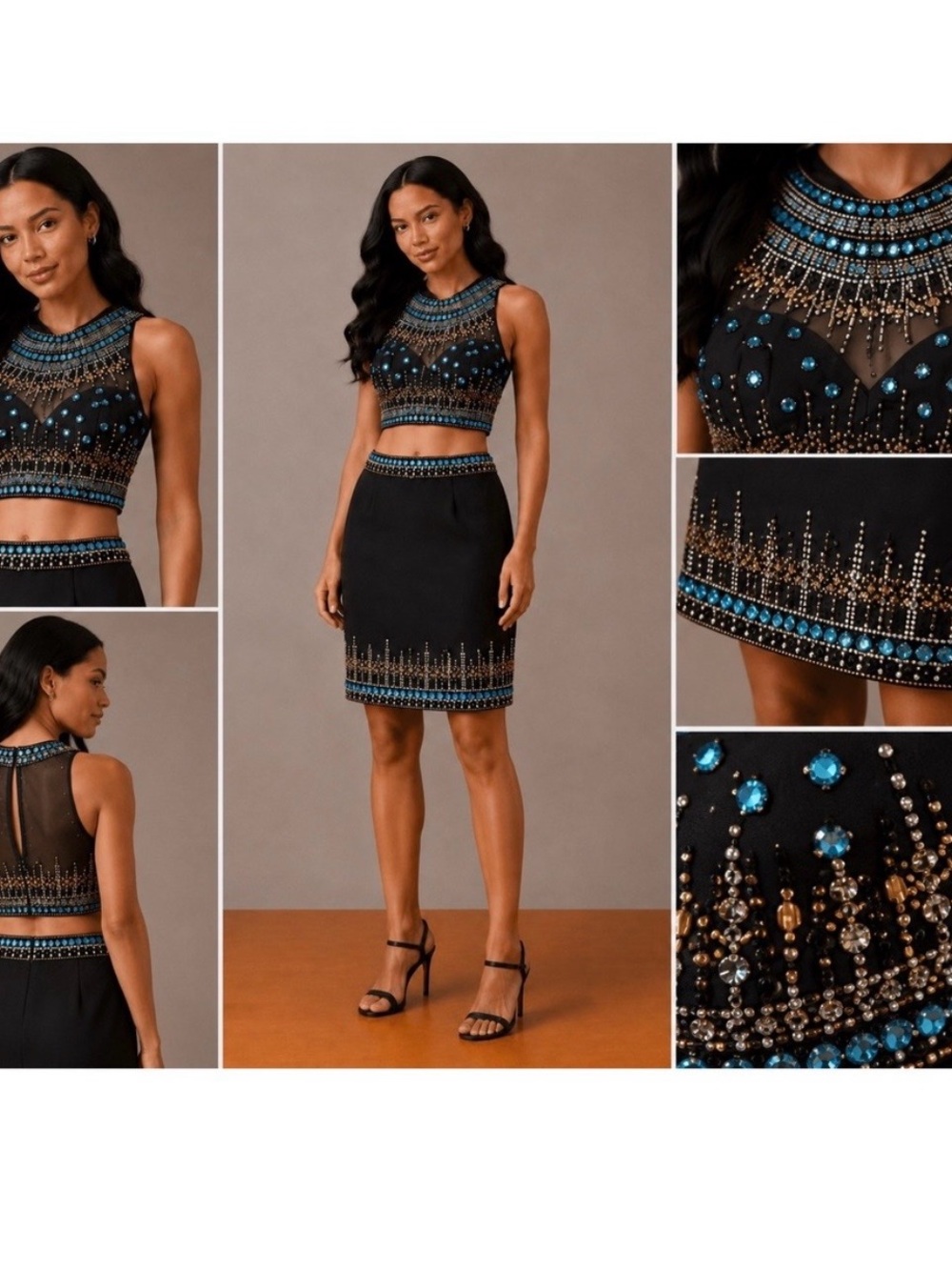 JVN by Jovani Black Blue Crystal Beaded 2 Piece Skirt Set JVN20463A Size 00 NEW